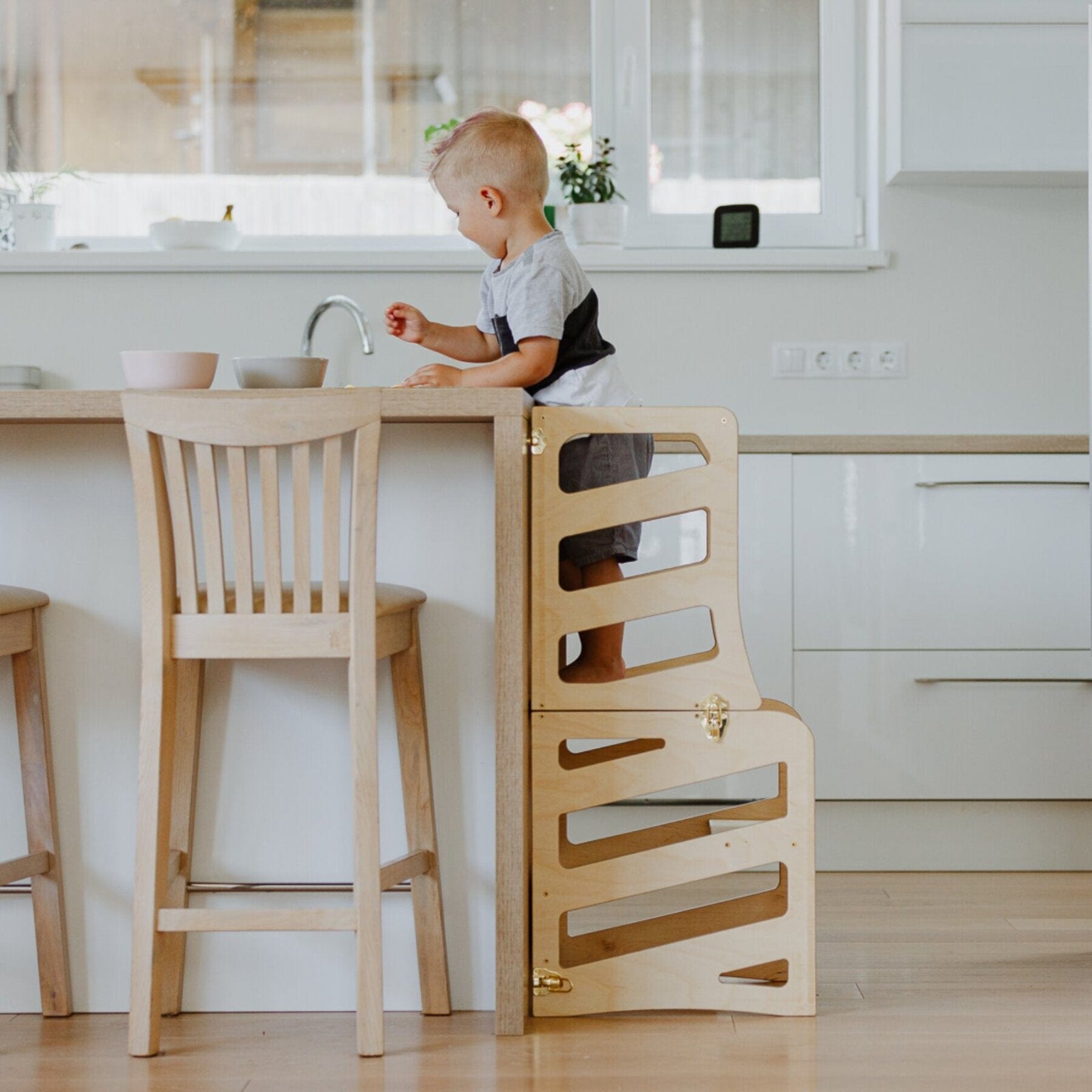 3in1 Lernturm Learning Tower Natur Lernturm mit Rutsche und Stuhl - LeoBabys