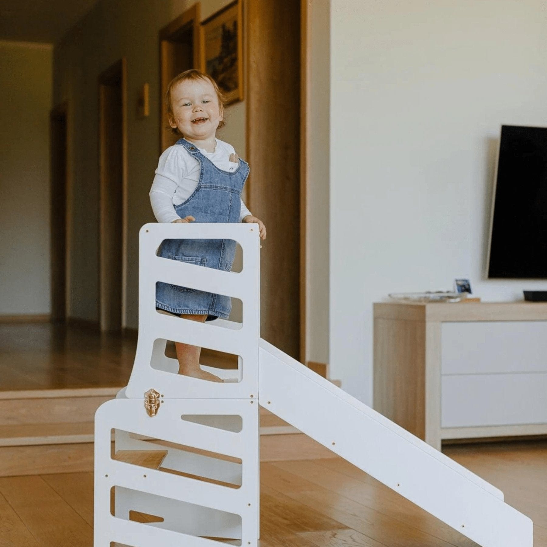 3in1 Lernturm Learning Tower Weiß Lernturm mit Rutsche und Stuhl - LeoBabys